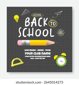 Voltar para a escola web banner, post, anúncio modelo para Venda oferta de desconto, Voltar para a escola festa post, admissão escolar banner, pré-escola, educacional quadrado flyer com elementos de suprimentos educacionais