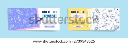 Back to school web banner set with retro pixel typography and doodle line icons on notebook grid paper, colorful education landing page headers, vector illustration