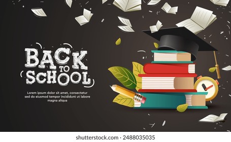 Anuncio de Web de vuelta a la escuela con pila de libros, despertador, gorra de graduación y libros voladores rodean. Educación y Plantilla de aprendizaje. Ilustración vectorial