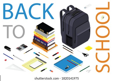 Back to school web banner. Student bag, backpack and class supplies. Isometric view. Vector