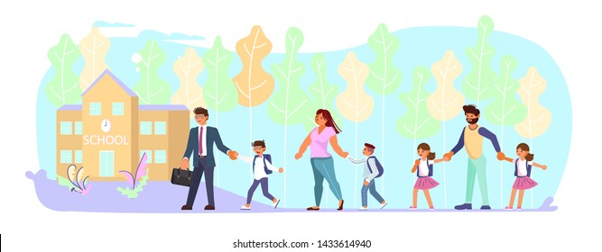 Back to school web banner template. Mother and father leading their children to school concept. Child with parents go to education