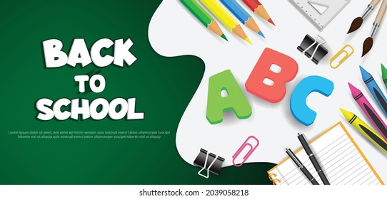 Back to school web banner template design with school items and elements. vector illustration .