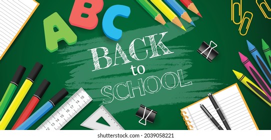 Back to school web banner template design with school items and elements. vector illustration .