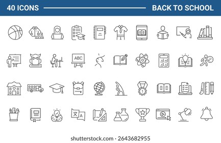 Back To School Web Icon Set in Line Style Related to back to school, education, learning, school. For Web and Mobile App. Editable stroke. Vector illustration.