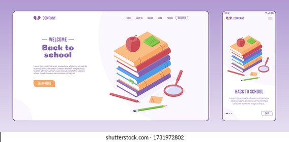 Zurück zur Schulwebseite und Onboard-Bildschirm-Vorlage - isometrischer Stapel von Büchern für das Bildungs- und Lesekonzept. Vector Illustration von pädagogischen Werkzeugen von Papierbüchern und Büros.