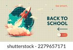 Back to school web template with a flying rocket, vector illustration