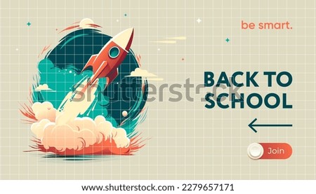 Back to school web template with a flying rocket, vector illustration