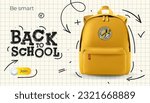 Back to School web template.  Yellow school bag, checkered paper background with doodle drawing. Vector illustration