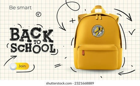 Back to School web template.  Yellow school bag, checkered paper background with doodle drawing. Vector illustration