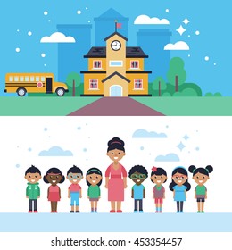 Back to school website banners with school building, school bus, character design of teacher and children