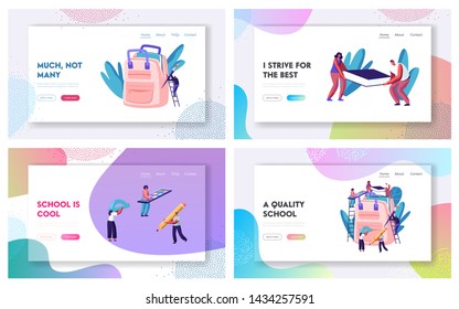 Back to School Website Landing Page Set, Male and Female Characters on Ladders Put Accessories into Backpack. Pencil, Paints, Book, Brush, Education. Web Page. Cartoon Flat Vector Illustration, Banner