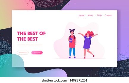 Back to School Website Landing Page. Couple of Schoolgirls with Backpacks Rejoice. Girlfriends Classmates Meeting in School at September Knowledge Day Web Page Banner. Cartoon Flat Vector Illustration