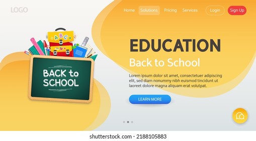 Back to School Website Template with Realistic Wooden Chalkboard, Backpack and Stationery on Yellow Background. Vector illustration for your education projects. 