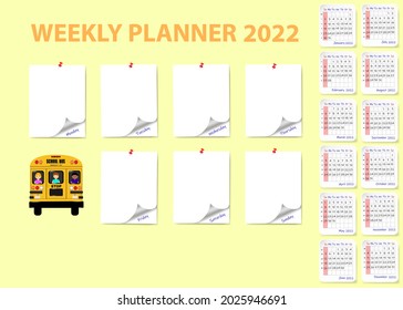 Back to school  weekly planner with blank stickers calendar for 2022 year. Week starts on Sunday. 