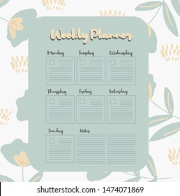 Back to school weekly planner design with flowers and leaves. Girly trendy Bullet Journal. Floral scandinavian background. Personal time management schedule.