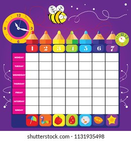 Back to school weekly timetable blank template vector with colorful pencils, funny characters, animals, clock on purple background. Vector illustration
