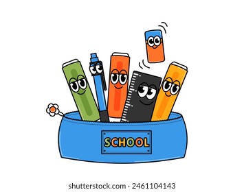 Back to school weird character. Retro school pencil case with pen, markers, ruler and eraser. Groovy sticker on a transparent background. Contemporary vector illustration.