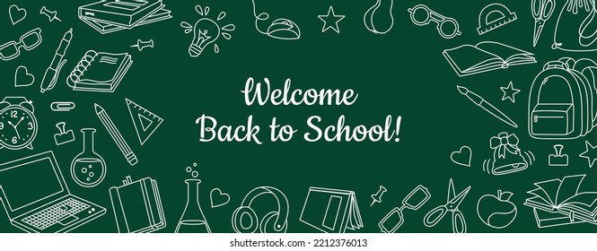 Back To School Welcome Banner School Board. Advertisement Poster Template, Learning School Supplies. Background Education Objects For Student. First Day School Invitation Flyer, Template, Cover Mockup