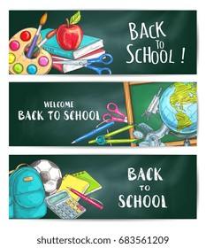 Back to School welcome banners on green blackboard background. Apple, backpack, rucksack, soccer ball, pen, calculator, pencil, copybook, scissors, globe compass chalk blackboard watercolor microscope