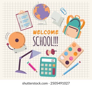 Back to School Welcome School  card banner on a sheet of school notebook icon clipart