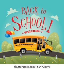 Back to school, welcome. Cartoon bus rides road