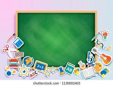 Back to school, Welcome to school with chalkboard background and icon sticker vector