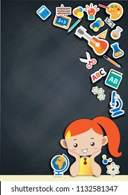 Back to school, Welcome to school with chalkboard background and pretty children vector