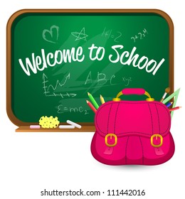 Back to school, Welcome to school. Green board with chalk , school bag, wisp and pencil. Vector.