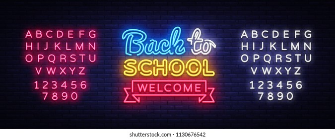 Back to School Welcome greeting card design template neon vector. Modern trend design, the beginning of the school year neon sign. Back to School invitation poster. Vector. Editing text neon sign