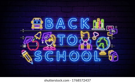 Zurück zur Schule Grußkartendesign neon Vektorvorlage begrüßen. Modernes Design, der Anfang des Schuljahres Neon. Neonsymbole zum Thema Schule. Vektorgrafik