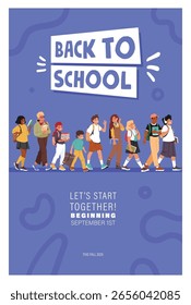 Plantilla de afiche de bienvenida de regreso a la escuela que promueve el tiempo de estudio para los escolares. Estudiantes felices de diferentes edades que llevan suministros educativos caminando a la Ilustración vectorial del aula