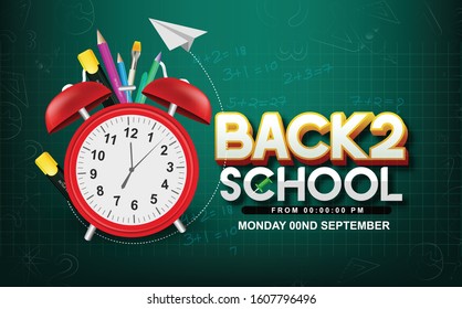 Back to School In White Background Banner with Blue Backpack and School Supplies Like Notebook, Pen, Pencil, Colors, Ruler, Magnifying Glass, Eraser, Paper Clip, Sharpener, Alarm Clock and Paint Brush