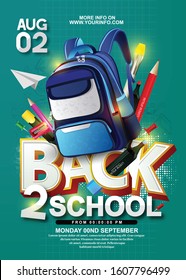 Back to School In White Background Banner with Blue Backpack and School Supplies Like Notebook, Pen, Pencil, Colors, Ruler, Magnifying Glass, Eraser, Paper Clip, Sharpener, Alarm Clock and Paint Brush