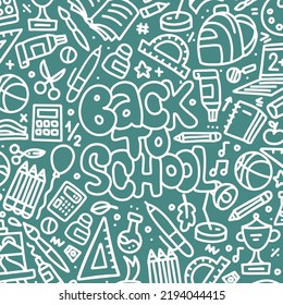 Zurück zur Schule - Banner im weißen Kreide-Stil. Gadgets zur Kopfhörer-Doodle und Schreibwaren auf grünem Hintergrund. Lineare, handgezeichnete Vektorgrafik.
