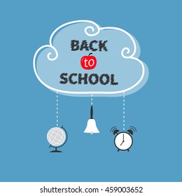 Back to school. White cloud contour frame. Hanging alarm clock, ringing bell, world globe. Dash line rope. Flat design. Blue background. Vector illustration