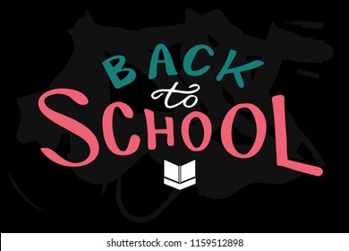Back to School. White, green and red chalk on blackboard and handdrawn book icon.  Vector illustration on chalkboard background. 1 September. Hand drawn lettering typography poster.
