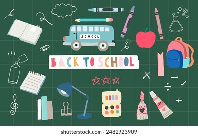 back to school white line object with stationery.illustration for icon,clip art