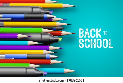 Back to school white vintage banner with school supplies on blue background. Vector 3d illustration. Stationery items. Pens, pencils and marker pens. Educational banner design