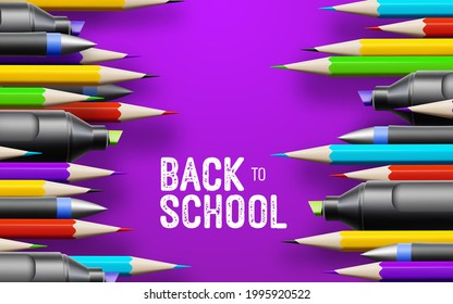 Back to school white vintage banner with school supplies on purple backdrop. Vector 3d illustration. Stationery items background. Pens, color pencils and marker pens. Educational banner design