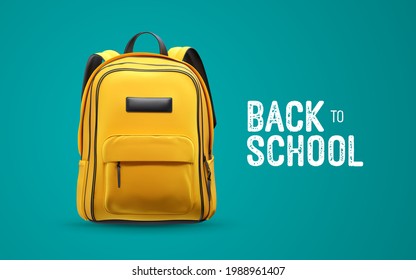 Volviendo al cartel blanco de la escuela con la bolsa amarilla de la escuela aislada en el fondo azul. Ilustración vectorial 3d con mochila naranja. Diseño de pancartas educativas