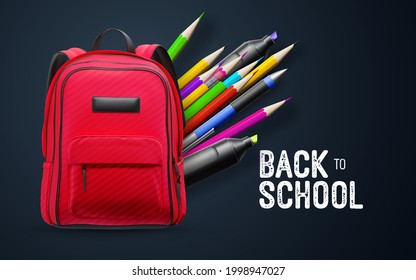 Back to school white vintage sign with red school backpack and stationery isolated on black background. Vector 3d illustration with schoolbag. Educational banner design