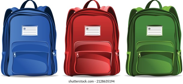 Back to school white vintage sign with color school bag isolated on white background. Vector backpack.