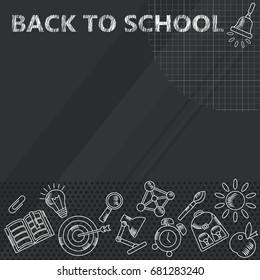 Back to school. Whiteboard in classroom poster and banner template with school supplies. Blank blackboard and green chalkboard texture. Flat vector cartoon illustration. Objects isolated.