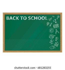 Back to school. Whiteboard in classroom poster and banner template with school supplies. Blank blackboard and green chalkboard texture. Flat vector cartoon illustration. Objects isolated.