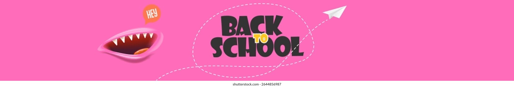 Back To School wide banner design template with funny smiling monster mouth and flying paper plane. pink welcome back to school wide background, poster, flyer, cover and sticker