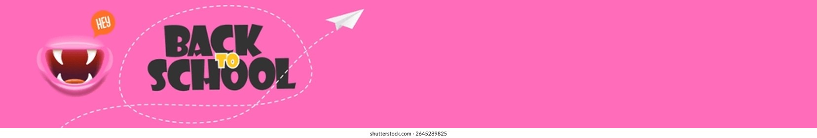 Back To School wide banner design template with funny smiling monster mouth and flying paper plane. pink welcome back to school wide background, poster, flyer, cover and sticker