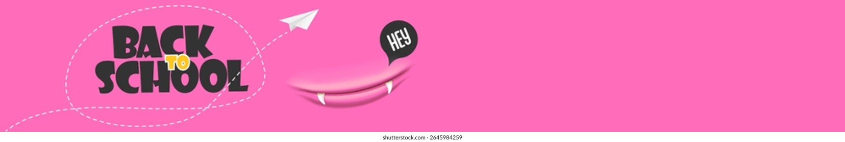 Back To School wide banner design template with funny smiling monster mouth and flying paper plane. pink welcome back to school wide background, poster, flyer, cover and sticker