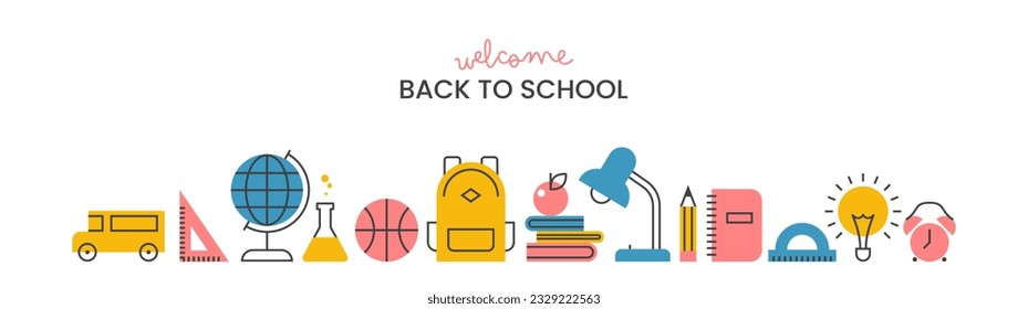 Back to school wide horizontal banner with colorful school supplies set.