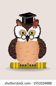 Back to school. Wise owl with books and graduate cap. Educational concept. Vector illustration