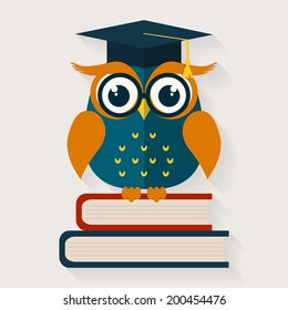 Back to school. Wise owl with books and graduate cap. Educational concept. Vector illustration. Flat design.